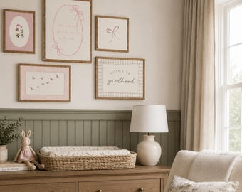 Baby Girl Nursery Wall Art Set, Pink Bow Nursery Decor, Coquette Baby Girl Wall Art, Pink Nursery Print, Digital Download