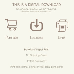 May include: Illustration of a shopping cart, a download arrow, and a printer. Text reads: "This is a digital download. No physical product will be shipped. High resolution multiple sizes included. Benefits of Digital Print: No Shipping Costs! Instant download! Print from home, online or your local print stores."