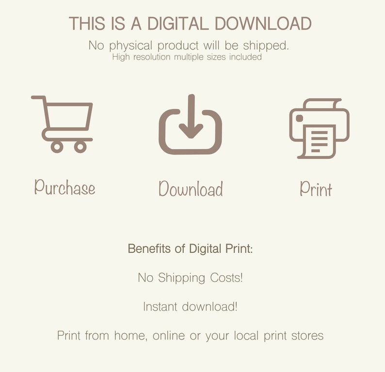 May include: Illustration of a shopping cart, a download arrow, and a printer. Text reads: "This is a digital download. No physical product will be shipped. High resolution multiple sizes included. Benefits of Digital Print: No Shipping Costs! Instant download! Print from home, online or your local print stores."