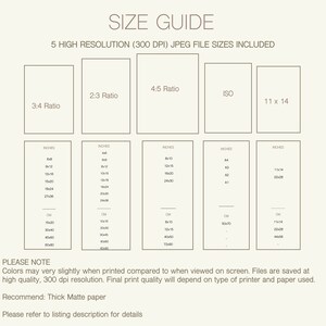 May include: Size guide for digital prints with five different aspect ratios: 3:4, 2:3, 4:5, ISO, and 11x14. The guide shows the dimensions in inches and centimeters for each ratio.