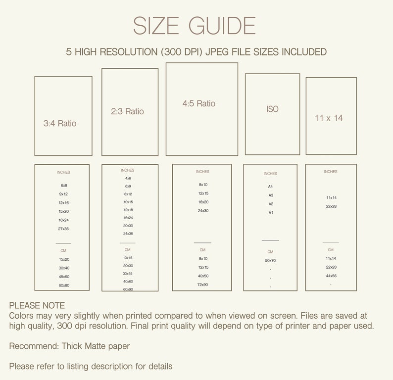 May include: Size guide for digital prints with five different aspect ratios: 3:4, 2:3, 4:5, ISO, and 11x14. The guide shows the dimensions in inches and centimeters for each ratio.