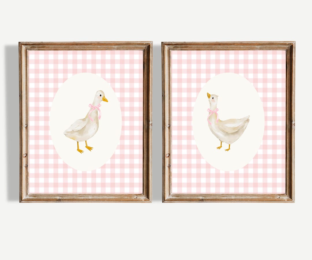Girl Nursery Wall Art Set of 2, Vintage Goose Prints, Pink Gingham Bow ...