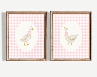 Girl Nursery Wall Art Set of 2, Vintage Goose Prints, Pink Gingham Bow Baby Girl Room Decor, Coquette Nursery Art, Digital Download