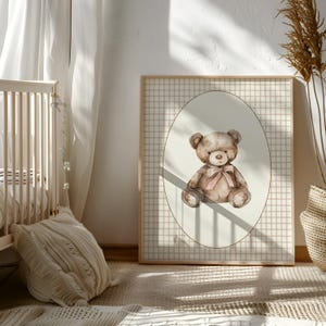 May include: A brown teddy bear with a pink bow sits in the center of a white oval on a pink and white checkered background.