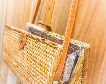 Handmade Rattan Crossbody Bag – Boho Purse with Batik Lining