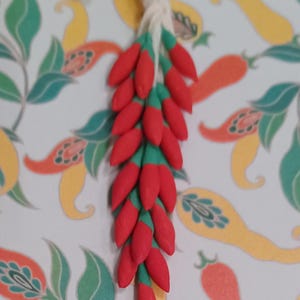 May include: A decorative hanging ornament featuring a cluster of small, red, teardrop-shaped elements with green caps, suspended from a thick, off-white twisted cotton cord. The ornament is displayed against a light background with a repeating pattern.