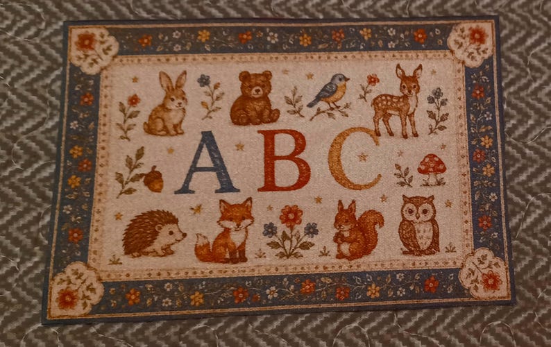 May include: A rectangular woven mat featuring the letters ABC in the center, surrounded by illustrations of a rabbit, bear, bird, deer, hedgehog, fox, squirrel, and owl, with floral accents and a dark blue border with orange and white flowers.
