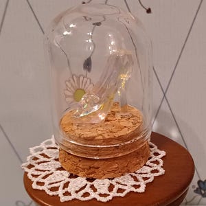 Op de afbeelding: Een heldere glazen stolp omsluit een miniatuur glazen muiltje op een kurken voet. Een kleine witte madelief is zichtbaar in de stolp. De stolp staat op een kleine, ronde houten tafel met een wit kanten kleedje.