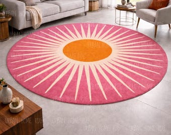 Pink Sunburst Round Rug 8x8, Retro Boho Circle Area Rug, Mid Century Modern Living