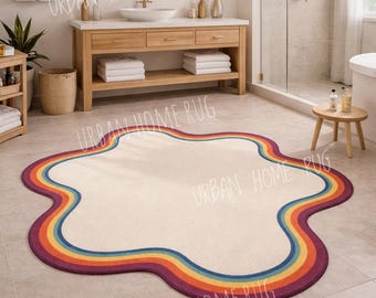Rainbow Scalloped Area Rug, Boho Bathroom Rug,  Home Decor