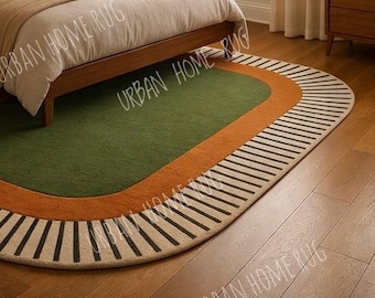 Green Oval Area Rug, Modern Striped Border Rug,  Under Bed Carpet