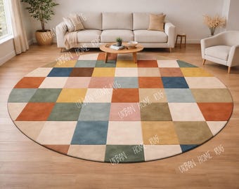 Round Wool Area Rug 8x8, Modern Geometric Checkered Rug, Colorful Living Room Carpet, Handmade