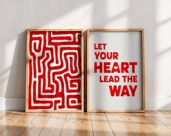 Minimalistisk utskrivbar estetisk rumsdekor | Röd labyrint + motiverande citat set med två posters | Väggtavla i vardagsrummet | Väggkonst för sovrummet