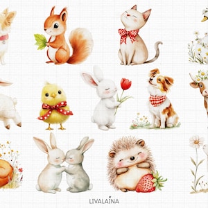 Spring Cottagecore Akvarell Clipart Barnrumsdekor PNG Kommersiellt bruk | Söta djur Jordgubbsblommor Rustikt Bondgård Röda Ginghamprickar bild 4