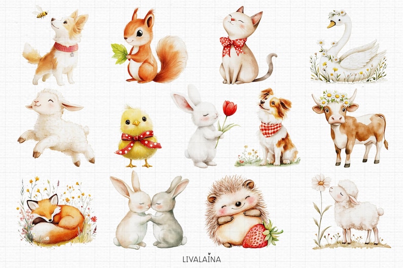 Spring Cottagecore Akvarell Clipart Barnrumsdekor PNG Kommersiellt bruk | Söta djur Jordgubbsblommor Rustikt Bondgård Röda Ginghamprickar bild 4