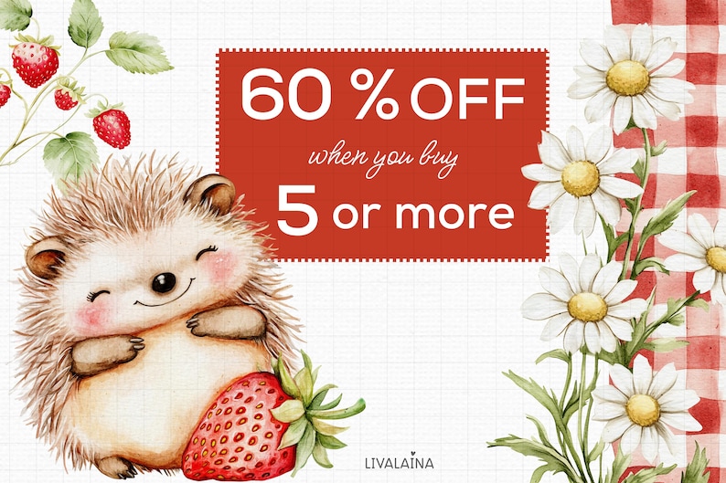 Spring Cottagecore Akvarell Clipart Barnrumsdekor PNG Kommersiellt bruk | Söta djur Jordgubbsblommor Rustikt Bondgård Röda Ginghamprickar bild 8