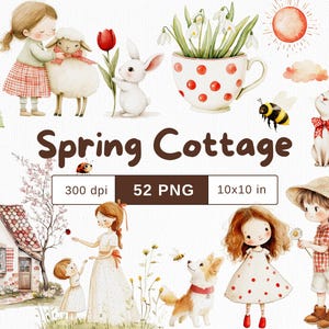 Clipart aquarelle Spring Cottagecore, décoration de chambre d'enfant PNG à usage commercial | Animaux mignons Fleurs aux fraises Rustic Farm Pois Vichy rouge