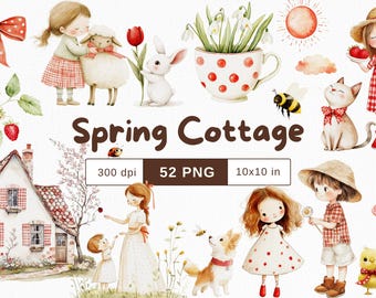 Spring Cottagecore Watercolor Clipart Nursery Decor PNG Commercial Use | Cute Animals Strawberry Florals Rustic Farm Red Gingham Polka Dots