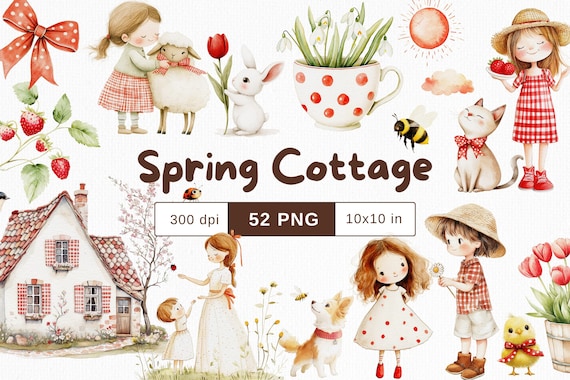 Spring Cottagecore Watercolor Clipart Nursery Decor PNG Commercial Use | Cute Animals Strawberry Florals Rustic Farm Red Gingham Polka Dots