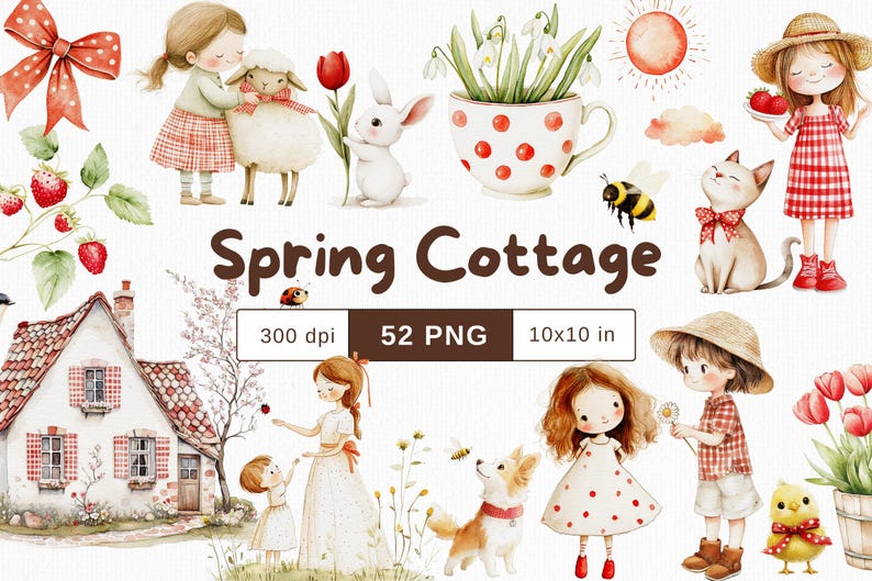 Spring Cottagecore Akvarell Clipart Barnrumsdekor PNG Kommersiellt bruk | Söta djur Jordgubbsblommor Rustikt Bondgård Röda Ginghamprickar bild 1