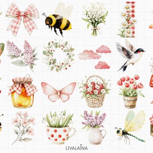 Spring Cottagecore Akvarell Clipart Barnrumsdekor PNG Kommersiellt bruk | Söta djur Jordgubbsblommor Rustikt Bondgård Röda Ginghamprickar bild 5