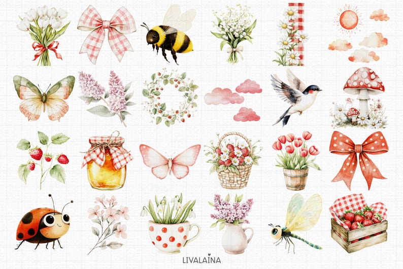 Spring Cottagecore Akvarell Clipart Barnrumsdekor PNG Kommersiellt bruk | Söta djur Jordgubbsblommor Rustikt Bondgård Röda Ginghamprickar bild 5