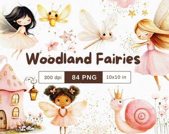 Rosa och guldfärgade skogsälvor Clipart | Söt akvarellälva | Första födelsedagsflicka Clip Art | Babyshowerinbjudan Digital nedladdning PNG