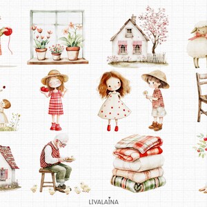 Spring Cottagecore Akvarell Clipart Barnrumsdekor PNG Kommersiellt bruk | Söta djur Jordgubbsblommor Rustikt Bondgård Röda Ginghamprickar bild 3