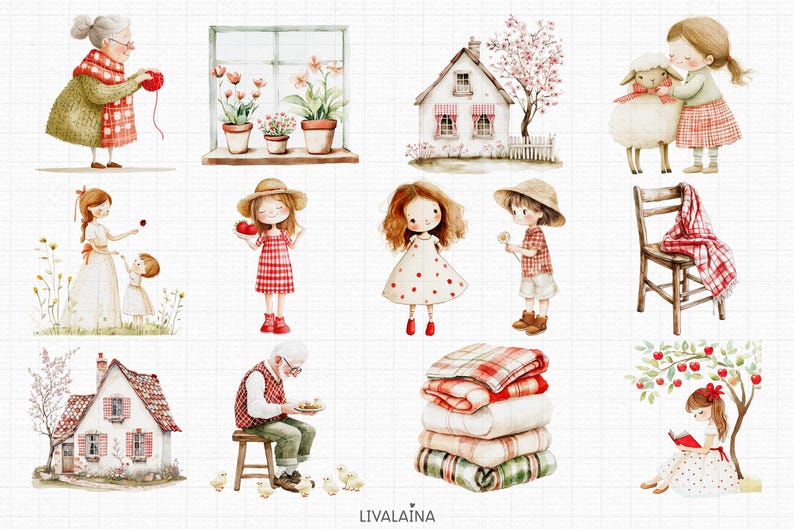 Spring Cottagecore Akvarell Clipart Barnrumsdekor PNG Kommersiellt bruk | Söta djur Jordgubbsblommor Rustikt Bondgård Röda Ginghamprickar bild 3