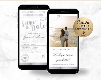 Carta d'imbarco digitale: Save the Date: invito video argento (modello Canva)