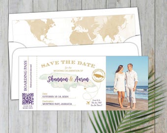 May include: A boarding pass style save the date card featuring a map of Jamaica, the names Shannon and Aaron, the date October 16-18, 2024, and a photo of a couple on a beach. The card includes a QR code, a gold stamp, and a flight path graphic.