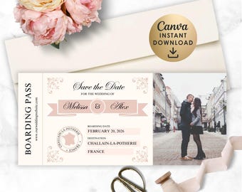 Salva la data per la carta d'imbarco decorata: modello Canva (download immediato)