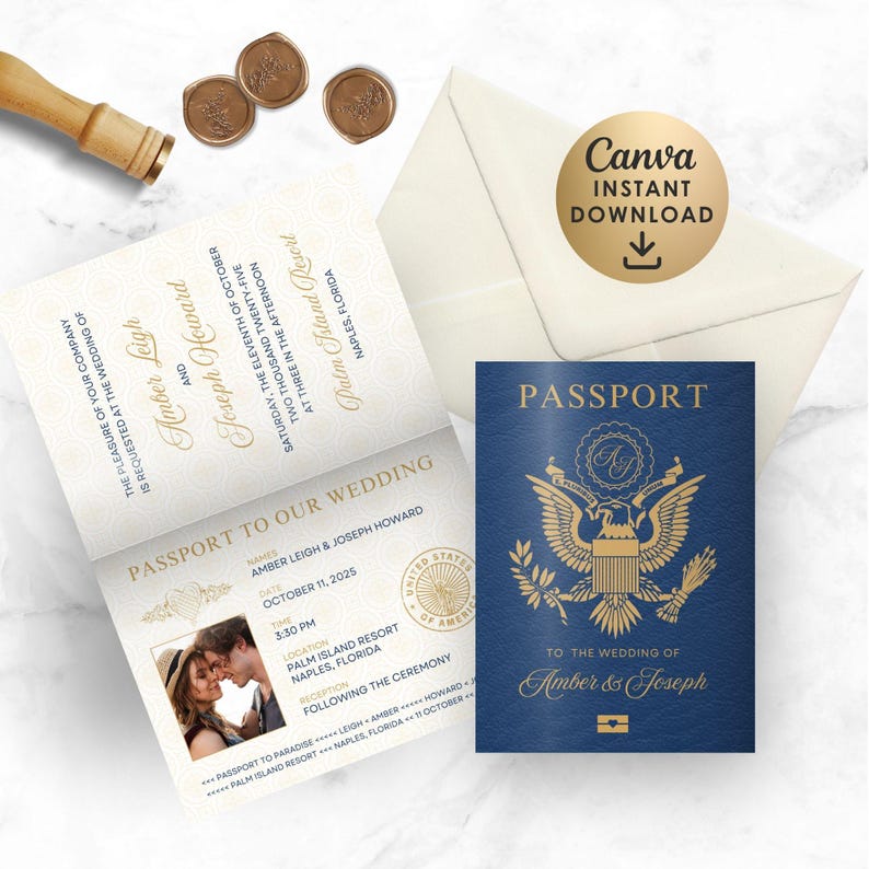 May include: Wedding invitation suite featuring a passport design. The navy blue passport has gold lettering and an eagle emblem. The invitation is open, displaying a photo and wedding details. Includes a white envelope and wax seals.
