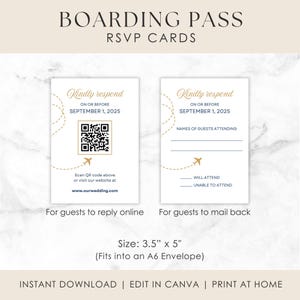 May include: Two white RSVP cards with gold text and a boarding pass theme. One card has a QR code and website address, the other has lines for guest names and attendance. The cards are 3.5" x 5" and fit into an A6 envelope.