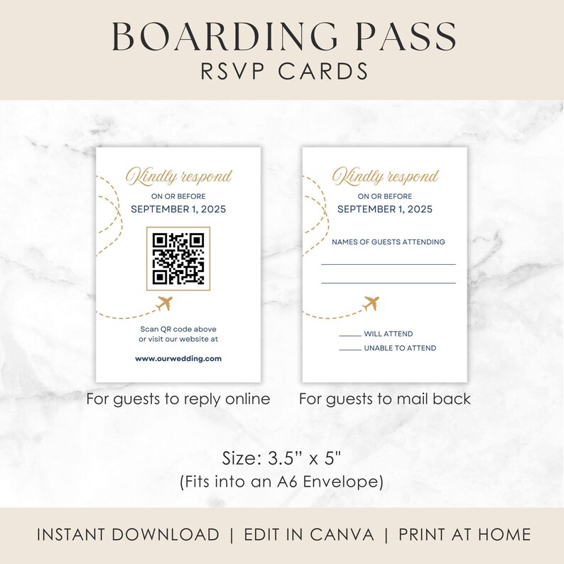 May include: Two white RSVP cards with gold text and a boarding pass theme. One card has a QR code and website address, the other has lines for guest names and attendance. The cards are 3.5" x 5" and fit into an A6 envelope.