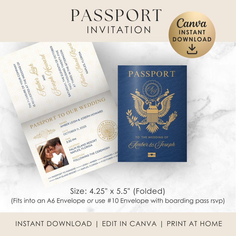 May include: A navy blue passport-style wedding invitation with gold foil accents. The invitation features the text "Passport Invitation" and includes details for Amber & Joseph's wedding. The folded size is 4.25" x 5.5".