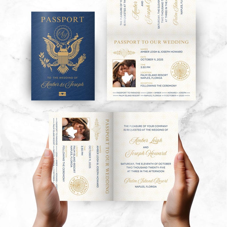 May include: A navy blue wedding invitation designed to resemble a passport. The cover features gold foil text and an emblem. Inside, the invitation includes a photo, names, date, time, and location: Palm Island Resort, Naples, Florida.