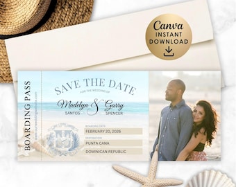 Salva la data per la carta d'imbarco sulla spiaggia: modello Canva (download immediato)