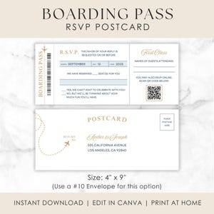 May include: A boarding pass RSVP postcard with a cream background and gold text. The design includes a section for guest names, a QR code, and a space for a return address. The size is 4" x 9".