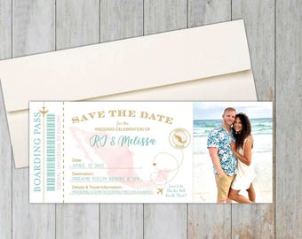 May include: A boarding pass style save the date card for a wedding featuring a photo of a couple on a beach, a map of Mexico, and text including Save the Date for the wedding celebration of Ri & Melissa, April 12 2021, and Dreams Tulum Resort & Spa.
