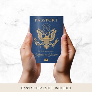May include: A navy blue passport with gold lettering and a gold emblem is held in two hands. The passport reads "PASSPORT" at the top and "TO THE WEDDING OF Amber & Joseph" below the emblem. The text "CANVA CHEAT SHEET INCLUDED" is at the bottom.