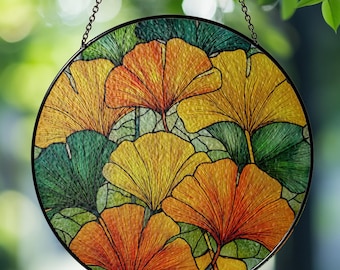 Ginkgo Leaf Glass Suncatcher, Round Yellow Ginkgo Window Hanging, Autumn Garden Boho Decor Gift for Plant Lover, Botanical Ginkgo Art Decor