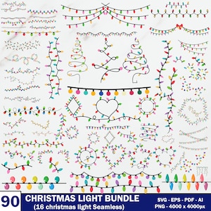 Op de afbeelding: Een verzameling van 90 kerstlichtontwerpen in verschillende vormen en stijlen. De ontwerpen omvatten lichtslingers, kerstboomvormen en decoratieve elementen. De lichten zijn in meerdere kleuren, waaronder rood, groen, geel en blauw. De tekst onderaan luidt "CHRISTMAS LIGHT BUNDLE".