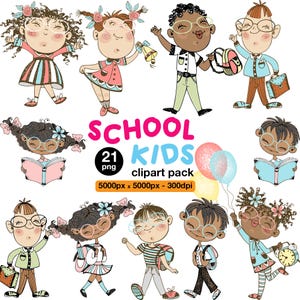 May include: A digital clipart pack labelled "SCHOOL KIDS" with 21 PNG images of cartoon children. The illustrations show diverse children wearing glasses, holding school supplies, books, and balloons. The colour palette includes pink, blue, and yellow.