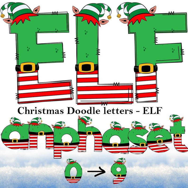 Elf Style Numbers Reindeer Elf Santa Clause Numbers & Alphabet Doodle Set PNG, Christmas ...