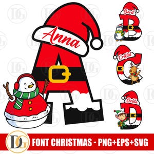 May include: A set of Christmas-themed alphabet letters with a Santa Claus theme. The letters are red, black, and white with a snowman, penguin, reindeer, and elf. The letters are A, B, and C. The letters are decorated with a Santa hat, belt, and fur trim.