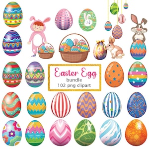 Op de afbeelding: Een verzameling kleurrijke paaseieren met diverse patronen, waaronder strepen, sterren en bloemmotieven. De afbeelding bevat ook een mand met eieren, een konijn en de tekst "Easter Egg bundle 102 png clipart."