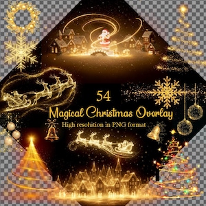 Peut inclure: Collection de 54 superpositions de Noël magiques au format PNG. L'image présente diverses illustrations dorées, dont le Père Noël, des rennes, des arbres de Noël, des flocons de neige, des cloches et un village, avec un effet scintillant.