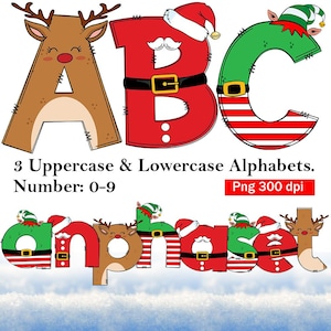 Conjunto de números y alfabetos de Papá Noel, elfo y reno PNG, letras navideñas, fuente de sublimación de Papá Noel, paquete alfa de Navidad
