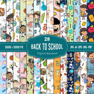 Könnte beinhalten: Eine digitale Download-Grafik mit 28 Mustern zum Thema "Zurück zur Schule". Die Muster enthalten Illustrationen von Schülern, Schulmaterialien und Bildungselementen. Das Bild enthält den Text "Back to School" und Dateitypoptionen.